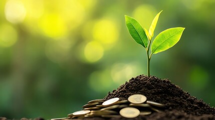 A green plant emerges from soil, symbolizing growth and investment, surrounded by coins, representing financial prosperity.