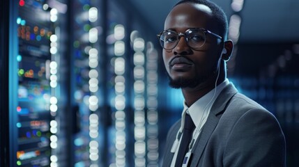 African American IT technician in server room, working on network security, data storage, and cybersecurity. Concept of technology, data center, IT services, and innovation.