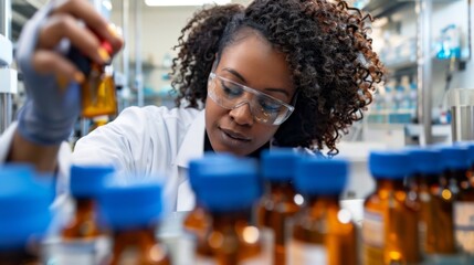 African American woman black curly hair woman checking medicine bottles in pharmaceutical laboratory. Female pharmacist scientist working in health care factory.