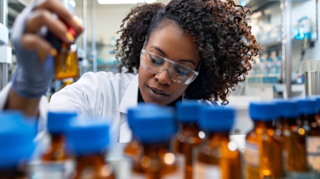 African American woman black curly hair woman checking medicine bottles in pharmaceutical laboratory. Female pharmacist scientist working in health care factory.