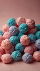 Colorful cotton candies in blue and pink on a soft pink background
