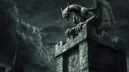 Fototapeta premium Halloween A dragon is perched on top of a castle wall
