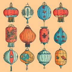 Asian lamp icon, chinese lantern isolated, traditional oriental lantern, light symbol, doodle, sketched flashlight