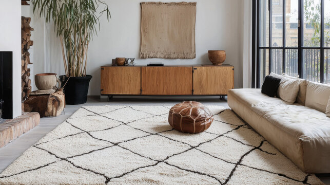 A full-room view showcases a beautifully styled Beni Ourain rug, characterized by its classic black and white geometric patterns, adding an elegant and cozy touch to the magazine-quality setting