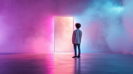 Obraz premium A person stands contemplatively before a glowing door amidst vibrant, colorful lights and fog, suggesting a journey or transition into the unknown.