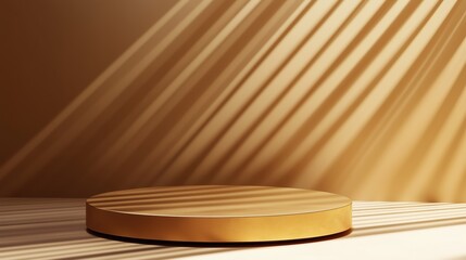 Modern golden podium in soft, natural lighting with diagonal line shadows, creating a sleek, minimalist scene for showcasing high-end products or design photography.
