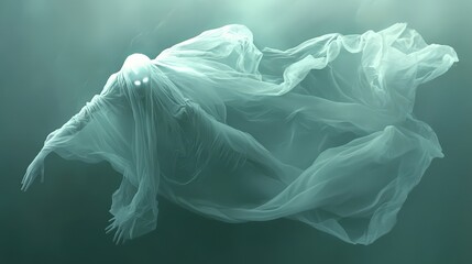 Fototapeta premium Halloween A ghostly figure is floating in the water, with a white sheet covering its body