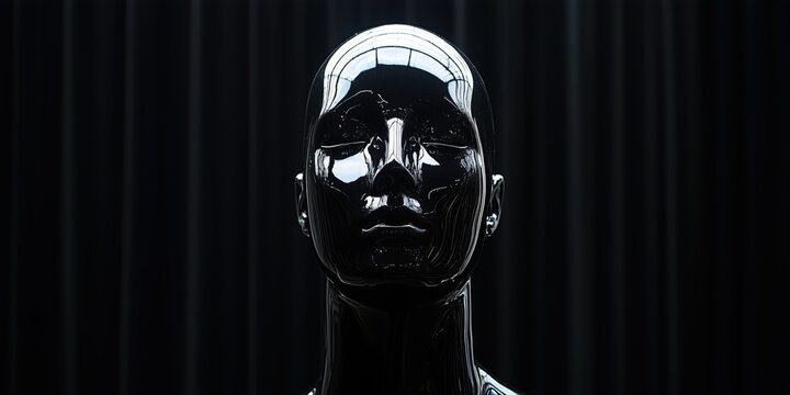 Glossy black mannequin head against a dark background with smooth reflections and high contrast, featuring sleek and polished surfaces for artistic or abstract projects.
