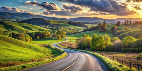 Fototapeta premium A scenic road winding through a picturesque landscape, scenic, road, winding, landscape, nature, journey, travel