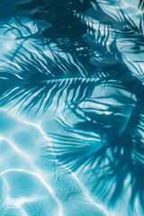 A serene pool scene featuring vibrant blue water and intricate shadows cast by palm leaves, creating tranquil and refreshing atmosphere