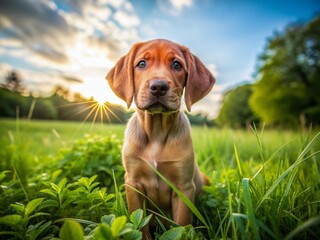 Adorable Broholmer puppy standing in a lush green meadow in Italy, Europe, with a curious expression, photographed from a low camera angle looking up.