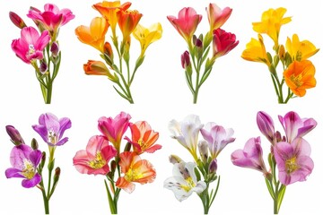 Color freesia flowers isolated, freesia buds set, blossoms collection on white background