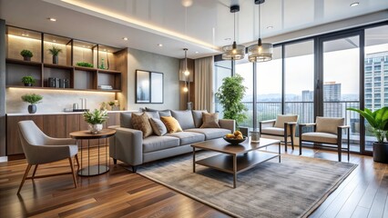 Modern and stylish real estate apartment interior with chic furniture and decor, real estate, apartment, interior, modern