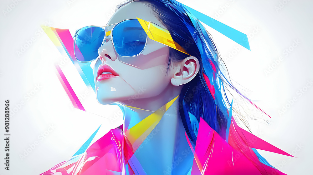 Sticker Digital Art:  Woman in Sunglasses with Colorful Geometric Shapes