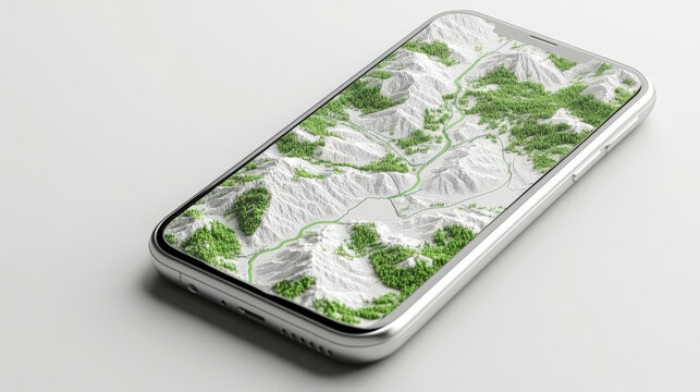 Smartphone displaying a detailed 3D topographic map with mountains and forests, showcasing advanced mapping technology in a sleek, modern design. - Powered by Adobe