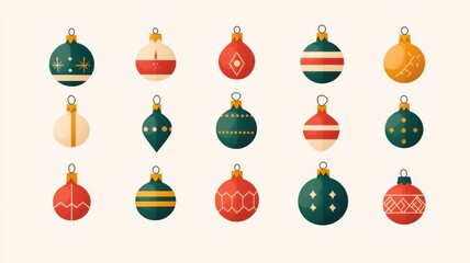 Minimalist Christmas ornaments in flat geometric design, arranged in a clean, modern grid