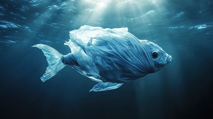 Fototapeta premium A fish made of a plastic bag, swimming in the ocean