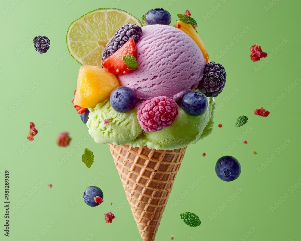 Wall mural A scoop of vanilla ice cream and a scoop of pistachio ice cream in a waffle cone, topped with fresh berries, mango, mint leaves and a lime slice.