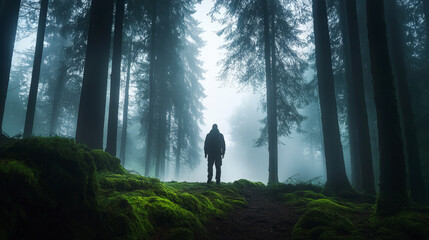 A lone figure stands amidst tall, misty trees in a dense forest, surrounded by lush green moss. The scene is serene and mysterious.