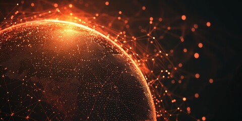 Digital visualization of a global network with orange data points connecting continents on a dark background, perfect for technology, global business, and communication themes,
