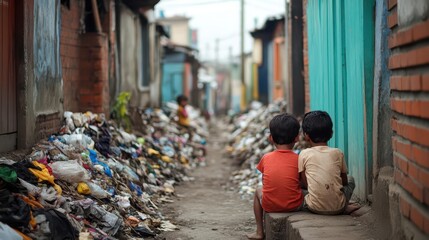 A narrow alleyway in a slum, filled with piles of garbage, and tired, hopeless faces of children sitting on the dirty ground