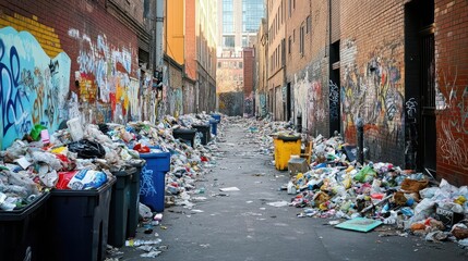 Fototapeta premium A neglected urban alley with trash overflowing from bins, graffiti covering walls, and no sign of life