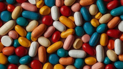 Colorful pills and vitamins in various shapes and sizes arranged in a neat pattern, symbolizing medical diversity.
