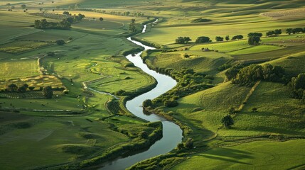 Fototapeta premium Aerial View of a Winding River Through Lush Green Fields