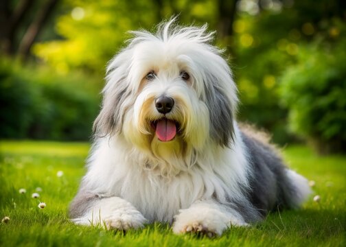 Adorable old English sheepdog with fluffy grey and white coat lounges peacefully on lush green grass, showcasing its iconic shaggy fur and sweet expression.