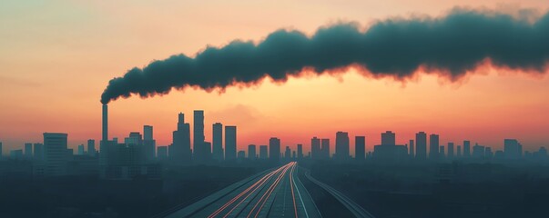 Fototapeta premium A smoky skyline silhouette at sunset, highlighting industrial pollution against a vibrant evening sky.