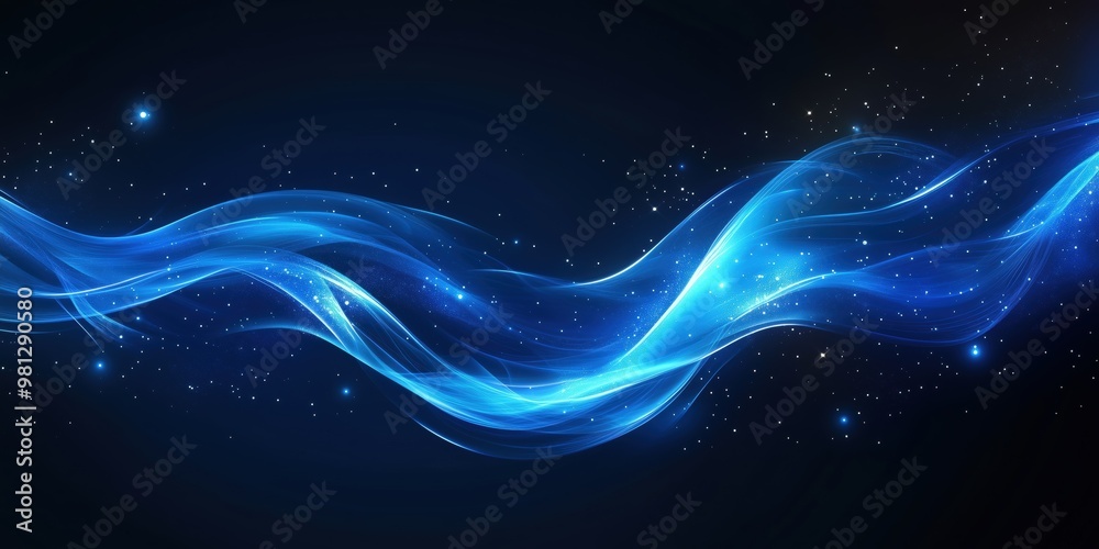 Wall mural abstract blue glowing light effect with curved lines and particles on a dark background