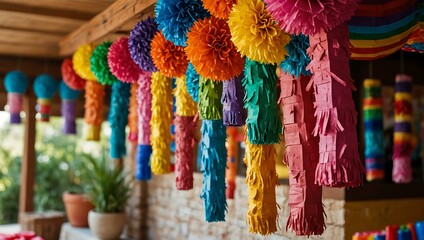 Colorful pinatas hanging at a Mexican birthday party.