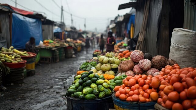 An overcrowded slum market with people selling rotten fruits and vegetables, surrounded by poverty and desperation, under grey skies