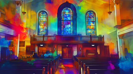 Vibrant church interior featuring colorful stained glass windows and wooden pews