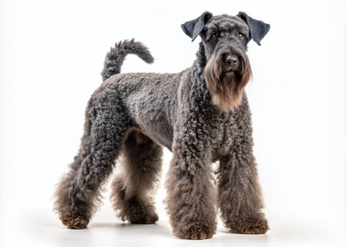 Adorable Kerry Blue Terrier stands upright on its hind legs, front paws together, gazing directly ahead with big brown eyes and a sweet expression.