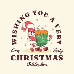 Christmas Groovy Candy Cane and Cake Retro Characters. Cartoon Xmas Cupcake Sweets Personage Funny Quote Label. Vector Winter Holiday Mascot Template Background. Happy Vintage Illustration Isolated