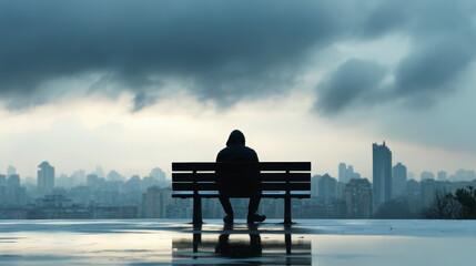 Obraz premium A solitary figure sits on a bench, overlooking a city skyline under a moody, overcast sky, creating a contemplative and melancholic atmosphere.