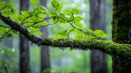Fototapeta premium A peaceful forest sanctuary with towering trees, moss-covered branches, and soft green leaves creating a calm and restorative natural environment.