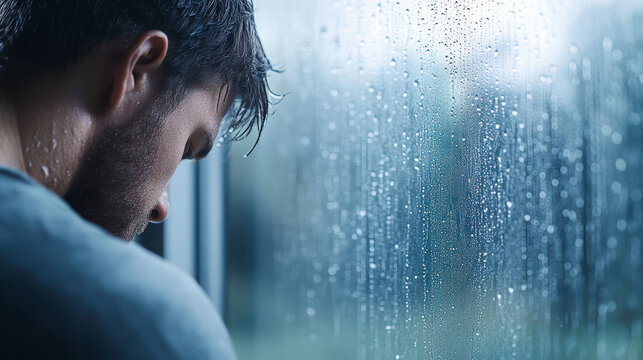 A man is standing by a window looking down, with raindrops streaking down the glass, creating a contemplative and somber atmosphere.