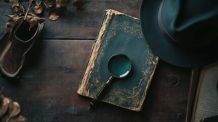 Elegant Detective-Themed Flat Lay with Old Book, Magnifying Glass, and Hat AI generated illustration