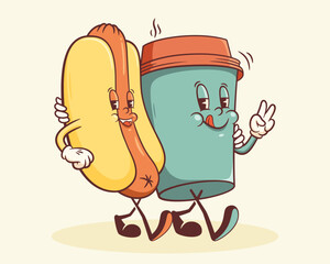 Groovy Hot Dog and Coffee Retro Characters Label. Cartoon Snack and Paper Cup Walking Smiling Vector Street Food Mascot Template. Happy Vintage Cool Fast Food Illustration with Typography Isolated