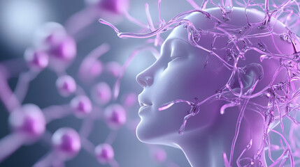 A digital art piece depicting a serene humanoid figure entangled in glowing, purple neural-like structures, symbolizing the interconnectedness of the mind and technology.