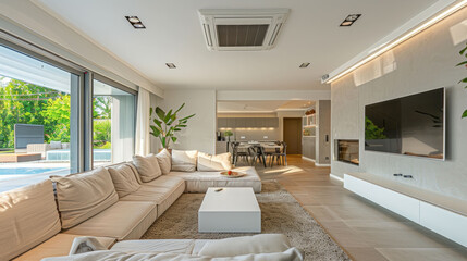 Fototapeta premium A modern living room featuring spacious sectional sofa, large windows, and minimalist design. bright space is enhanced by natural light and greenery, creating welcoming atmosphere
