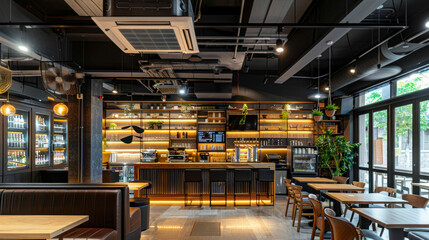 Fototapeta premium Modern cafe interior with stylish wooden furniture, ambient lighting, and well stocked bar. design features plants and cozy atmosphere, perfect for relaxation