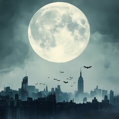 Fototapeta premium Moonlit Cityscape: Urban Skyline with Full Moon Rising, Bats Flying Across Night Sky