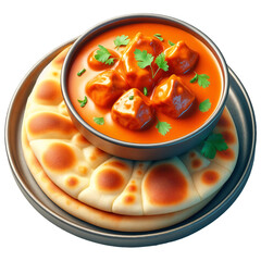 Indian Butter Chicken with Naan Bread. 3D Butter Chicken. Authentic 3D Realistic Food Icon. 
Creamy Tomato-Based Curry with Tender Chicken and Soft Naan. 
Indian Street Food Menu 3D Icon. Indian Food.
