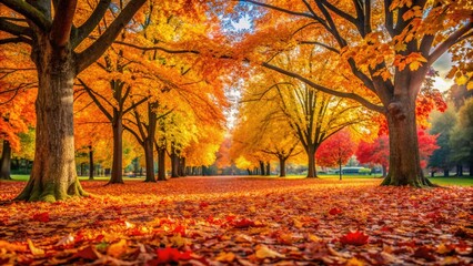 Vibrant yellow, orange, and red autumn leaves covering the ground in a fall park , fall, leaves, autumn, park, colorful