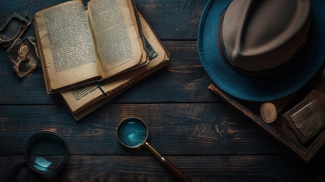 Elegant Detective-Themed Flat Lay with Old Book, Magnifying Glass, and Hat AI generated illustration
