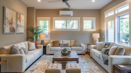 Fototapeta premium A modern living room featuring comfortable sofas, stylish coffee table, and decorative pillows, creating cozy and inviting atmosphere