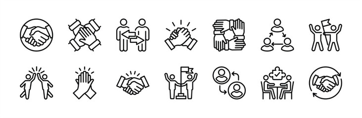 Obraz premium Cooperation thin line icon vector set. Containing teamwork, team working together, handshake, agreement, collaboration, achievement, support, success business, share, deal, meeting, goal, partnership